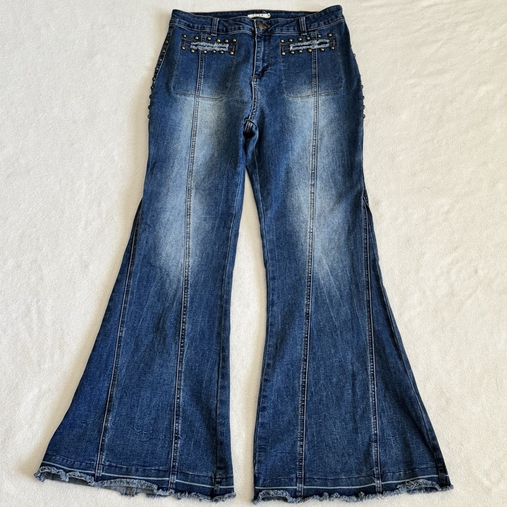 Luxe Moda Y2K Flare Jeans Studded Raw Hem High Rise Denim Womens 14